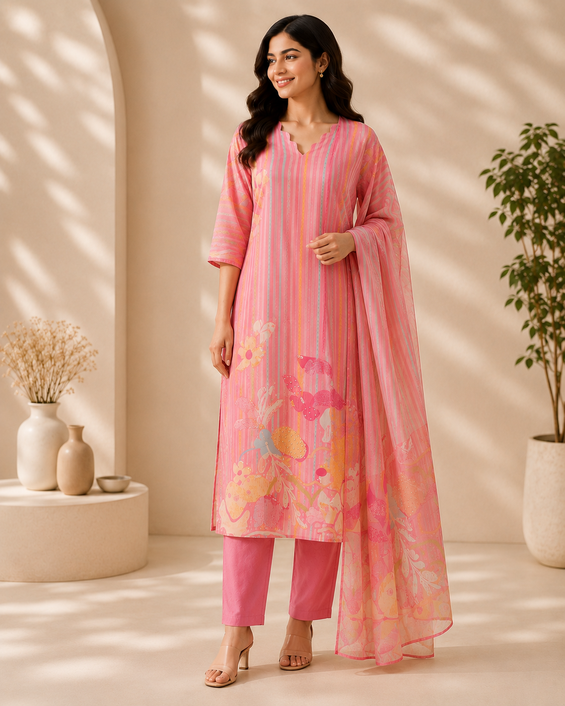 Women's Floral Print Soft Silk Kurta Pant Set with Dupatta